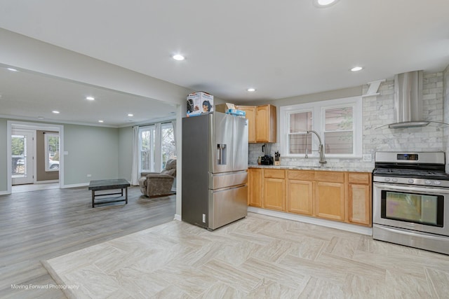 2413 20th St, North Chicago, IL 60064 - kitchen with stainless steel appliances, wall chimney range hood, a sink, open floor plan, and backsplash