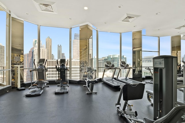 535 N Michigan Ave Unit 1205, Chicago, IL 60611 - gym featuring a skyline view and a wall of windows