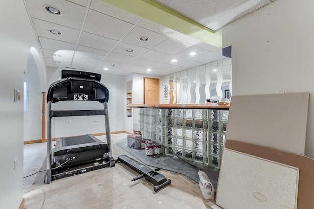 18225 Eagle Dr, Tinley Park, IL 60477 - workout room with recessed lighting, a drop ceiling, arched walkways, and baseboards
