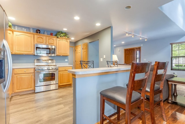 18225 Eagle Dr, Tinley Park, IL 60477 - kitchen with appliances with stainless steel finishes, a breakfast bar area, light countertops, light wood-style flooring, and light brown cabinetry