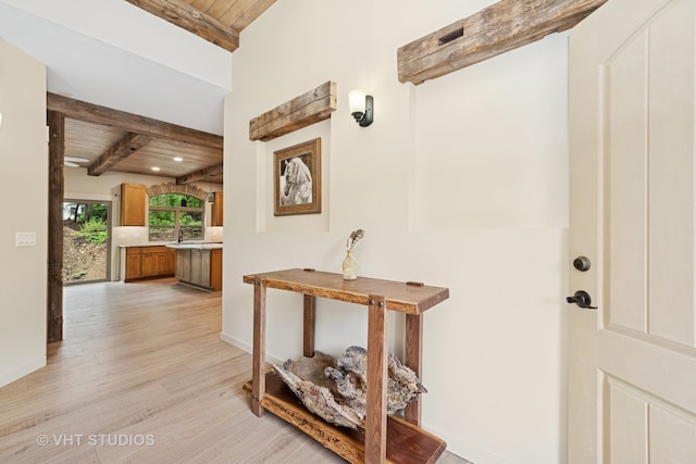 3515 Kings Lair Dr, Spring Grove, IL 60081 - hall featuring light wood-style flooring and a wooden ceiling with exposed beams