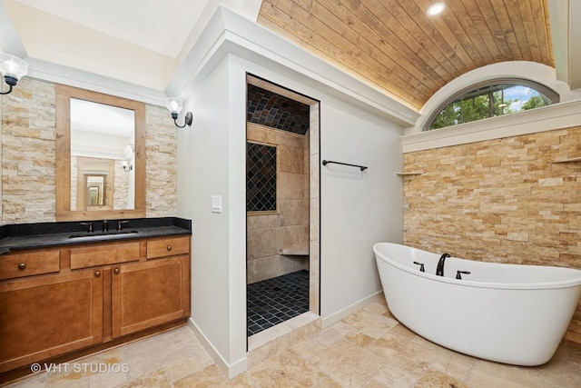 3515 Kings Lair Dr, Spring Grove, IL 60081 - bathroom featuring vaulted ceiling, a soaking tub, tiled shower, vanity, and wooden ceiling