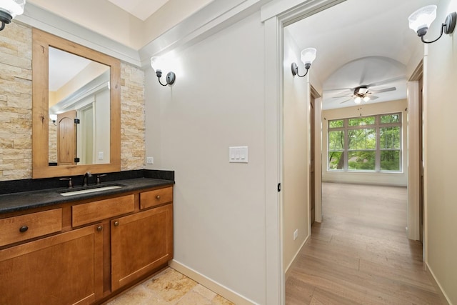 3515 Kings Lair Dr, Spring Grove, IL 60081 - bathroom featuring ceiling fan, vanity, and wood finished floors