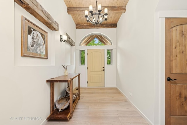 3515 Kings Lair Dr, Spring Grove, IL 60081 - entrance foyer with a wooden ceiling with exposed beams, a chandelier, and light wood-style floors