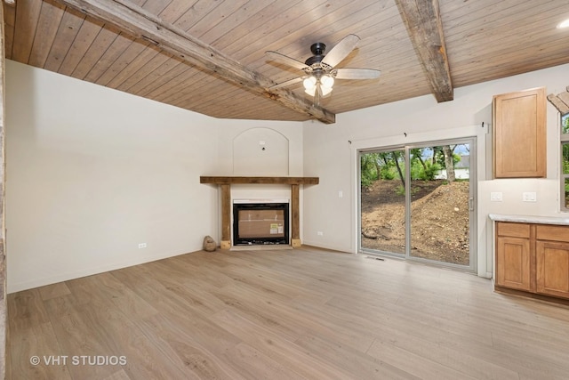 3515 Kings Lair Dr, Spring Grove, IL 60081 - unfurnished living room featuring a wooden ceiling with exposed beams, a fireplace with flush hearth, ceiling fan, and light wood finished floors