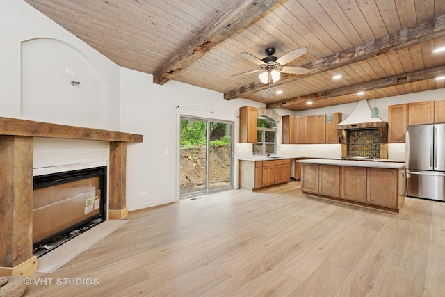 3515 Kings Lair Dr, Spring Grove, IL 60081 - kitchen featuring freestanding refrigerator, custom exhaust hood, light countertops, a wooden ceiling with exposed beams, and light wood-type flooring