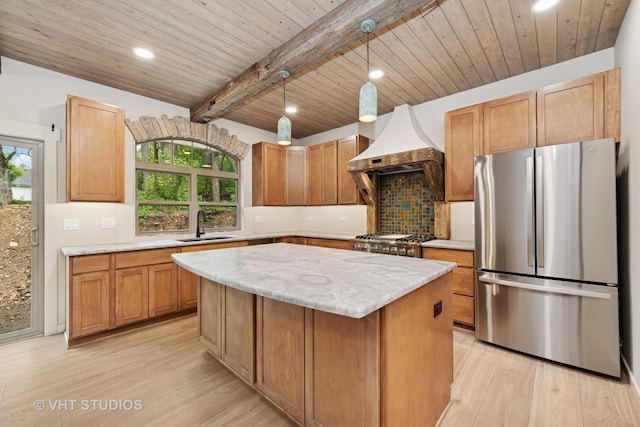 3515 Kings Lair Dr, Spring Grove, IL 60081 - kitchen featuring freestanding refrigerator, light wood-style floors, custom exhaust hood, tasteful backsplash, and a wood ceiling with exposed beams