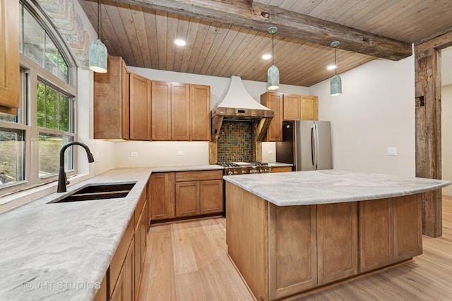 3515 Kings Lair Dr, Spring Grove, IL 60081 - kitchen with freestanding refrigerator, custom exhaust hood, light wood-type flooring, a center island, and wooden ceiling