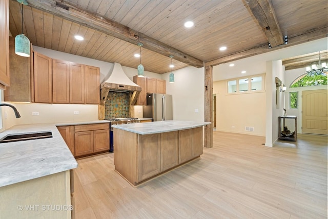 3515 Kings Lair Dr, Spring Grove, IL 60081 - kitchen featuring stainless steel appliances, custom exhaust hood, a wooden ceiling with exposed beams, a center island, and backsplash