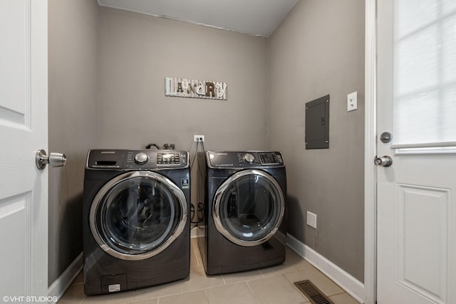 5142 Deerpath Rd, Oak Forest, IL 60452 - washroom with washing machine and clothes dryer, electric panel, baseboards, and tile patterned flooring