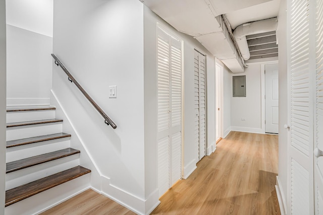5823 S Francisco Ave, Chicago, IL 60629 - corridor with electric panel, light wood-type flooring, stairs, and baseboards
