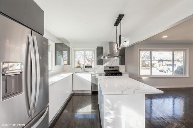 16361 Greenwood Ave, South Holland, IL 60473 - kitchen with stainless steel appliances, wall chimney exhaust hood, modern cabinets, dark wood-style floors, and recessed lighting