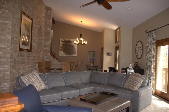 10348 Woburn Ct, Orland Park, IL 60462 - living area featuring a chandelier, a ceiling fan, lofted ceiling, and carpet flooring