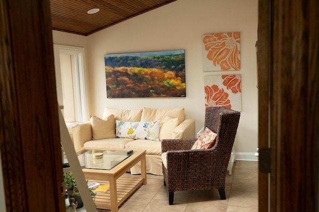 10348 Woburn Ct, Orland Park, IL 60462 - living room featuring wood ceiling, light tile patterned flooring, and vaulted ceiling
