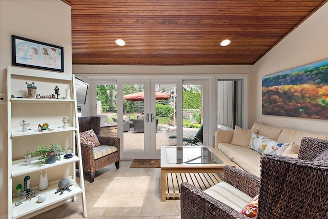 10348 Woburn Ct, Orland Park, IL 60462 - living area featuring wood ceiling, french doors, lofted ceiling, and light tile patterned floors