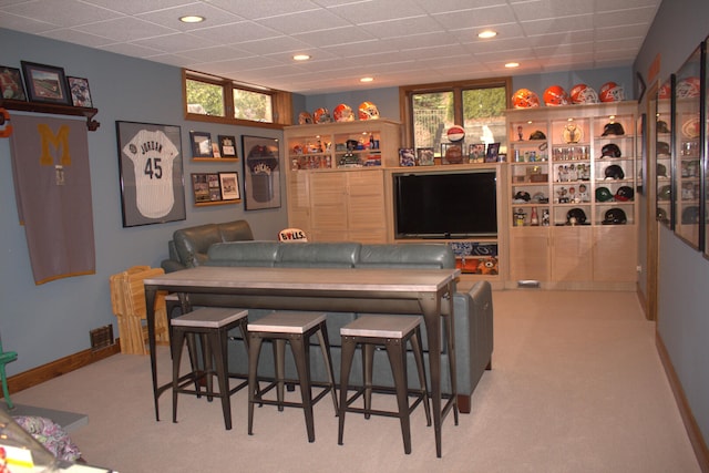 10348 Woburn Ct, Orland Park, IL 60462 - bar featuring recessed lighting, light colored carpet, baseboards, and a drop ceiling