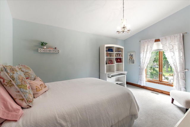 10348 Woburn Ct, Orland Park, IL 60462 - bedroom featuring light colored carpet, lofted ceiling, and a chandelier
