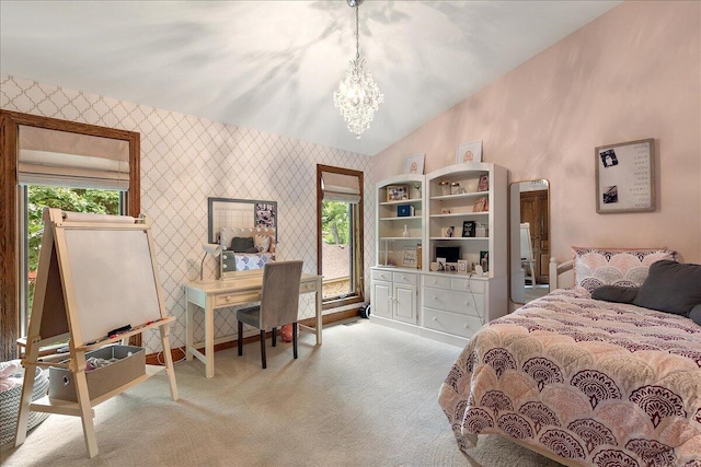 10348 Woburn Ct, Orland Park, IL 60462 - bedroom featuring a chandelier, carpet flooring, multiple windows, wallpapered walls, and lofted ceiling