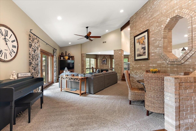 10348 Woburn Ct, Orland Park, IL 60462 - carpeted living area featuring a ceiling fan, vaulted ceiling, ornate columns, and recessed lighting