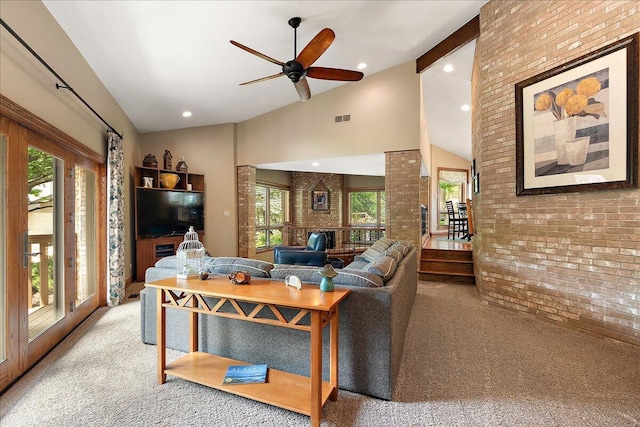 10348 Woburn Ct, Orland Park, IL 60462 - living room with carpet floors, brick wall, a ceiling fan, and high vaulted ceiling