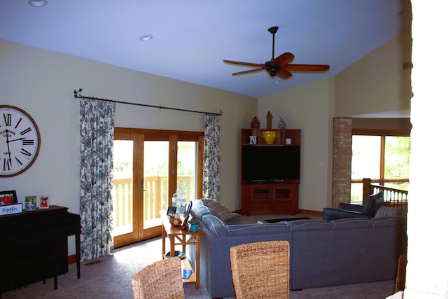 10348 Woburn Ct, Orland Park, IL 60462 - living room with a ceiling fan, lofted ceiling, plenty of natural light, french doors, and carpet