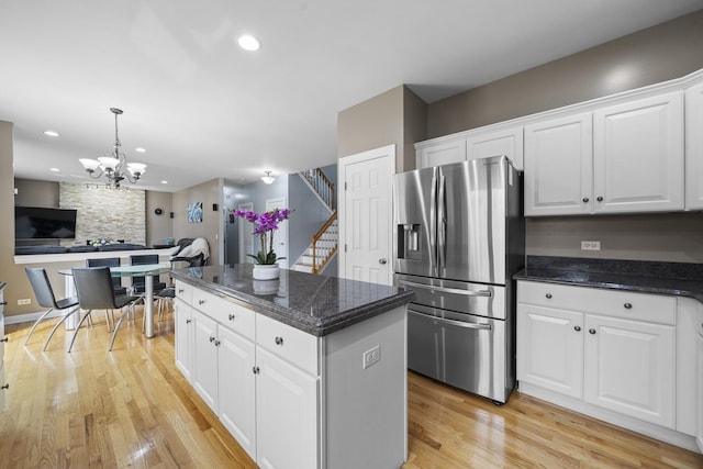 2008 Snow Creek Rd, Naperville, IL 60564 - kitchen featuring stainless steel fridge, a chandelier, light wood-style floors, white cabinetry, and recessed lighting