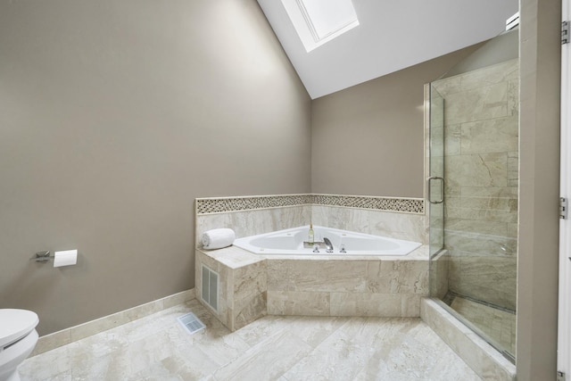 2008 Snow Creek Rd, Naperville, IL 60564 - bathroom featuring a skylight, toilet, vaulted ceiling, a garden tub, and a stall shower