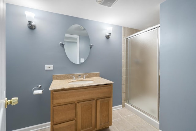 2008 Snow Creek Rd, Naperville, IL 60564 - bathroom featuring a stall shower, vanity, tile patterned flooring, and baseboards