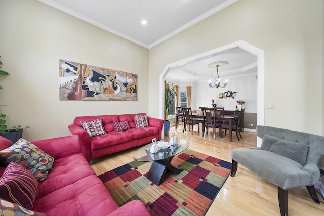 2008 Snow Creek Rd, Naperville, IL 60564 - living area featuring a chandelier, arched walkways, wood finished floors, ornamental molding, and recessed lighting