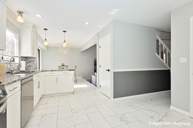 638 Dordan Ct, Gurnee, IL 60031 - kitchen featuring stainless steel dishwasher, light marble finish flooring, a sink, light stone countertops, and recessed lighting