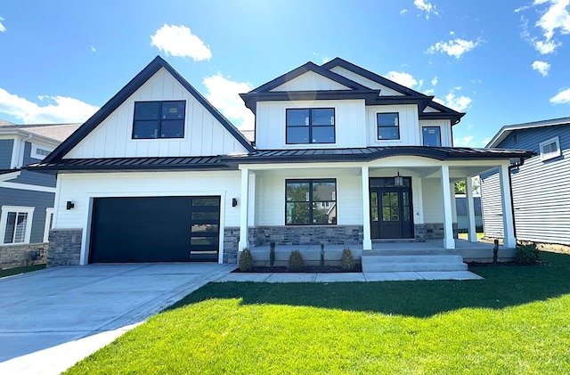 1326 N Race Ave, Arlington Heights, IL 60004 - modern inspired farmhouse with a porch, stone siding, concrete driveway, and a front yard