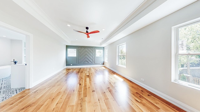 1326 N Race Ave, Arlington Heights, IL 60004 - empty room featuring light wood-style floors, a tray ceiling, healthy amount of natural light, crown molding, and recessed lighting
