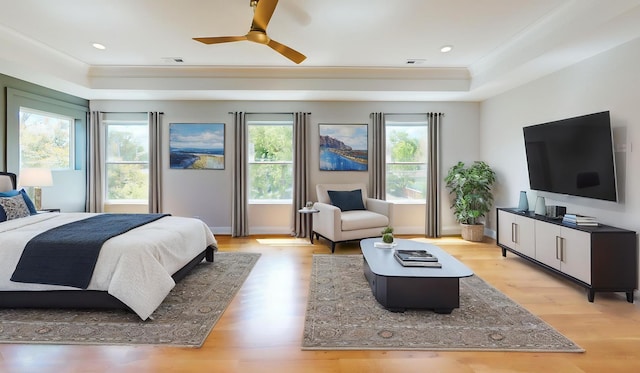 1326 N Race Ave, Arlington Heights, IL 60004 - bedroom featuring a raised ceiling, light wood-style floors, ornamental molding, baseboards, and recessed lighting