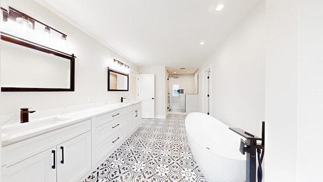1326 N Race Ave, Arlington Heights, IL 60004 - bathroom featuring a shower stall, double vanity, a freestanding bath, and recessed lighting