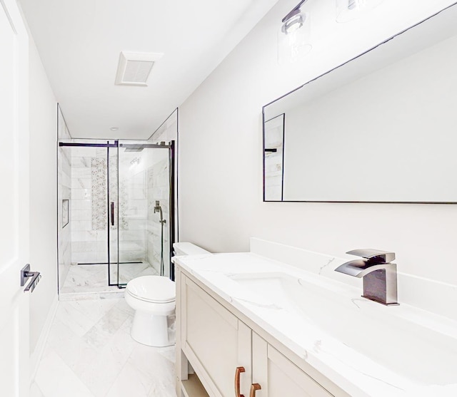 1326 N Race Ave, Arlington Heights, IL 60004 - bathroom with marble look tiles, toilet, vanity, and a marble finish shower