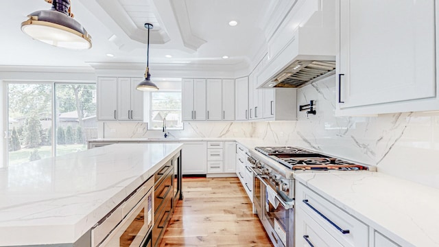1326 N Race Ave, Arlington Heights, IL 60004 - kitchen featuring appliances with stainless steel finishes, premium range hood, light wood-style flooring, white cabinetry, and recessed lighting