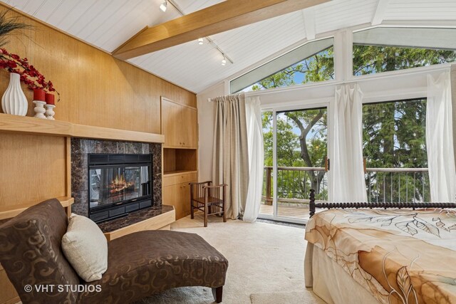 18 N Lake Ave, Fox Lake, IL 60020 - bedroom featuring vaulted ceiling, track lighting, access to exterior, light colored carpet, and a tiled fireplace