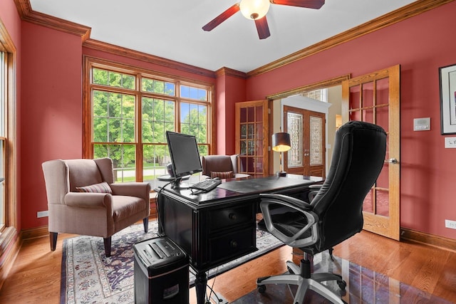 28809 W Harvest Glen Cir, Cary, IL 60013 - office area featuring ceiling fan, baseboards, light wood-style floors, crown molding, and french doors