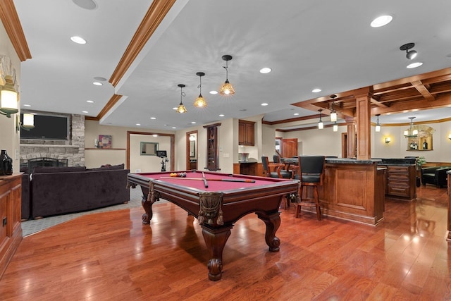 28809 W Harvest Glen Cir, Cary, IL 60013 - game room with crown molding, billiards table, wood finished floors, a stone fireplace, and recessed lighting