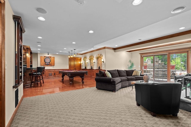 28809 W Harvest Glen Cir, Cary, IL 60013 - living area featuring crown molding, billiards table, light wood-type flooring, and recessed lighting
