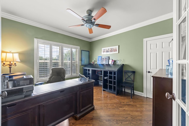 12923 Grande Pines Blvd, Plainfield, IL 60585 - office with ornamental molding, a ceiling fan, dark wood-style flooring, and baseboards