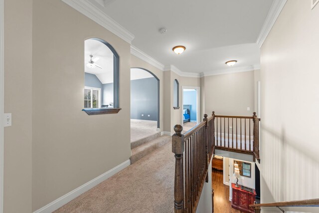12923 Grande Pines Blvd, Plainfield, IL 60585 - hallway with ornamental molding, baseboards, arched walkways, carpet floors, and an upstairs landing