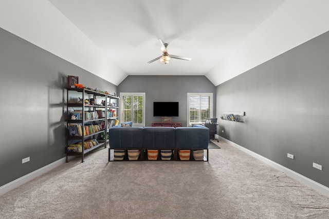 12923 Grande Pines Blvd, Plainfield, IL 60585 - living area featuring vaulted ceiling, a ceiling fan, carpet floors, and baseboards