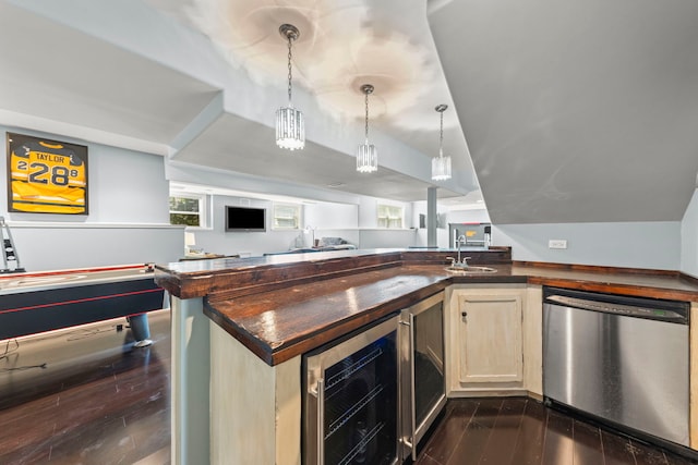 12923 Grande Pines Blvd, Plainfield, IL 60585 - bar featuring dishwasher, wine cooler, a sink, dark wood-style floors, and hanging light fixtures