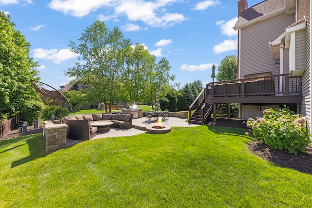 12923 Grande Pines Blvd, Plainfield, IL 60585 - view of grassy yard with a patio area, stairs, an outdoor living space with a fire pit, and a wooden deck