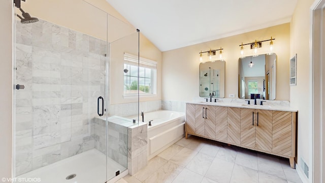 296 Huron St, Vernon Hills, IL 60061 - full bath featuring a bath, lofted ceiling, marble finish flooring, a shower stall, and double vanity