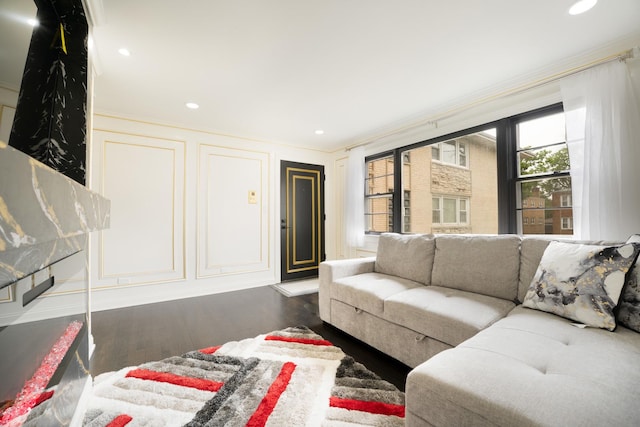 6964 W Diversey Ave Unit 6, Chicago, IL 60707 - living area with wood finished floors, crown molding, and recessed lighting