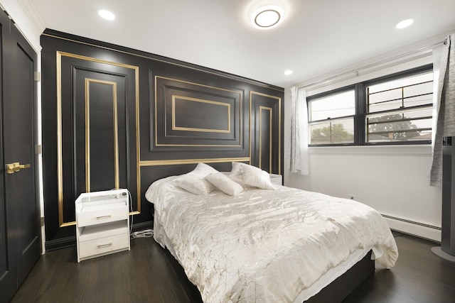 6964 W Diversey Ave Unit 6, Chicago, IL 60707 - bedroom with a baseboard heating unit, ornamental molding, dark wood-type flooring, and recessed lighting