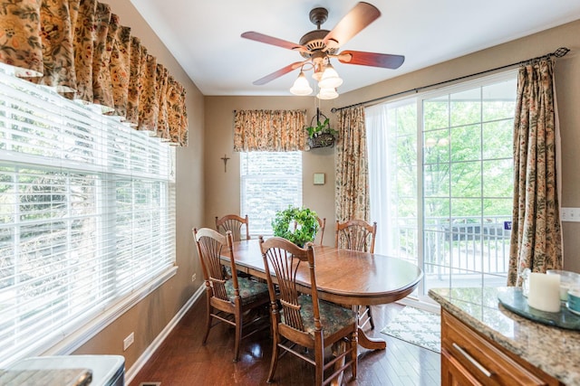 601 Pheasant Trl, Saint Charles, IL 60174 - dining room with dark wood-style flooring, a ceiling fan, and baseboards