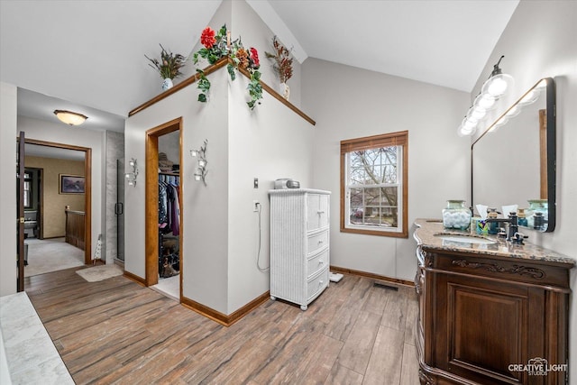 1359 Pine St, Batavia, IL 60510 - full bathroom with lofted ceiling, wood finished floors, vanity, baseboards, and a spacious closet
